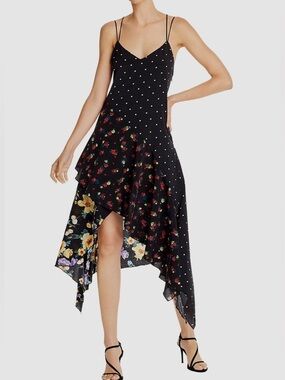 Aqua Mixed Print Slip Dress, Floral Polka Dot Asymmetrical Midi Dress, Size M